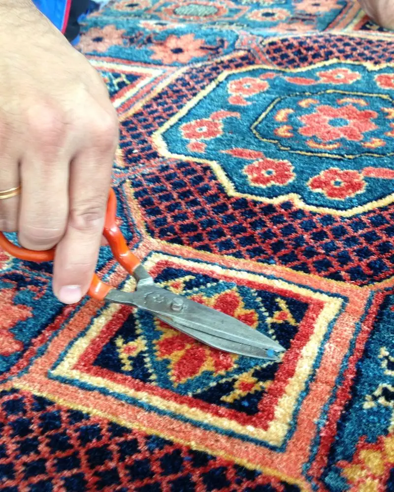 Mit einer Schere werden überstehende Fasern eines blauen Teppichs von Hand geschnitten