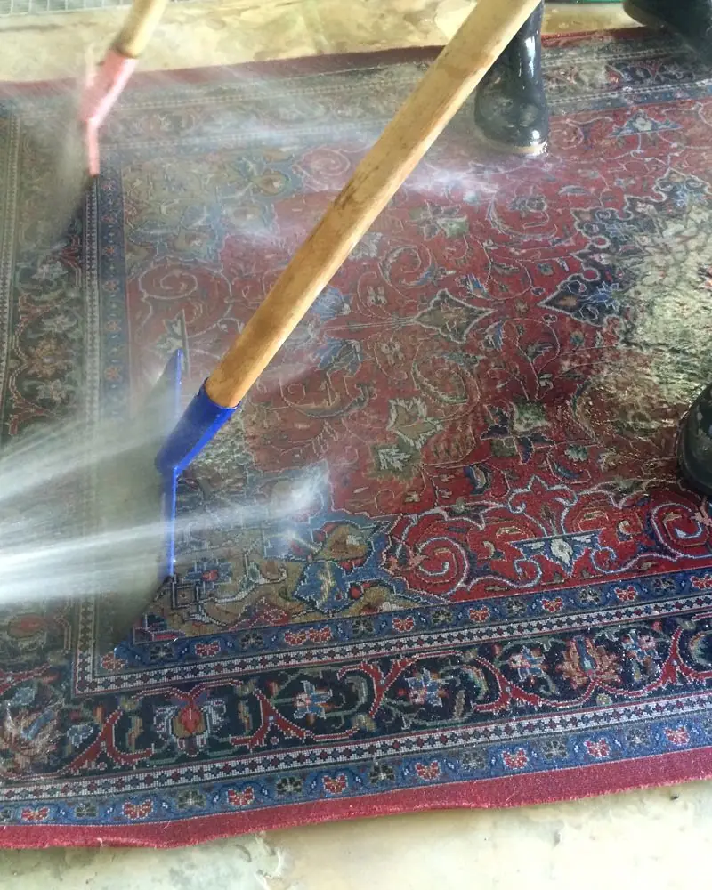 Mit einer Stoßscharre wird Wasser aus einem nassen Teppich gepresst