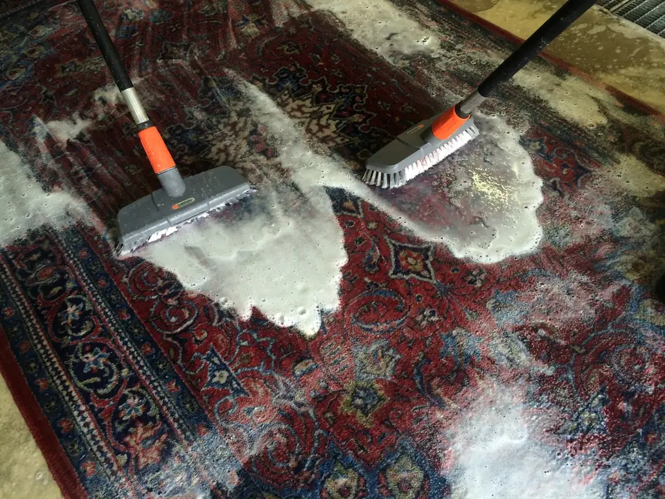 Zwei Bürsten waschen einen roten Orientteppich mit Schaum